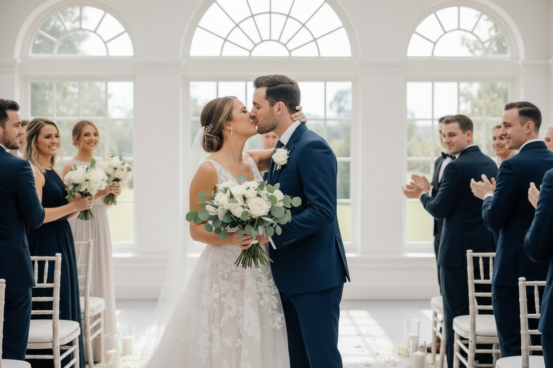 Happy couple kissing at their wedding ceremony.