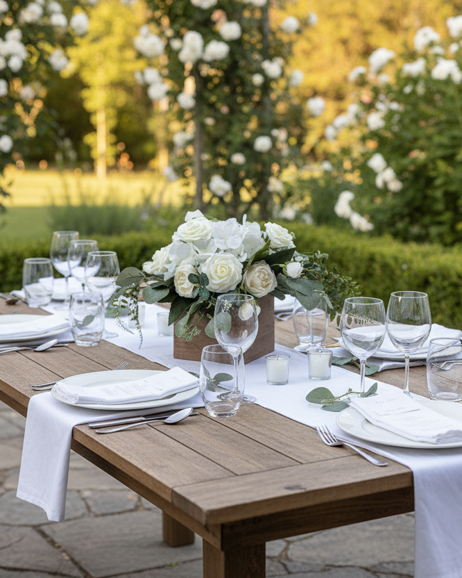 Dining table set for a meal outdoors with floral arrangements and white tablecloths.